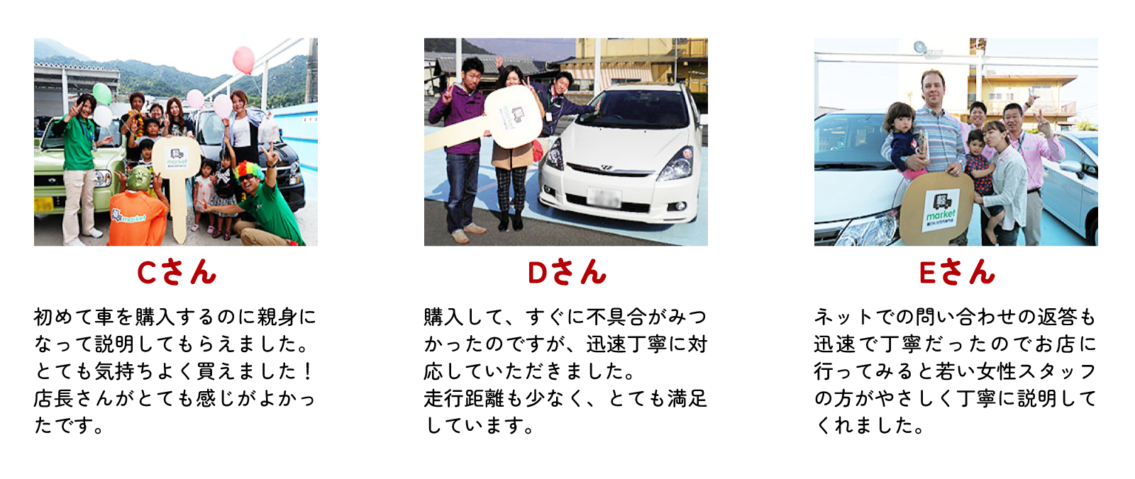 【Cさん】初めて車を購入するのに親身になって説明してもらえました。【Dさん】購入して、すぐに不具合がみつかったのですが、迅速丁寧に対応していただきました。【Eさん】ネットでの問い合わせの返答も迅速で丁寧だったのでお店に行ってみると若い女性スタッフの方がやさしく丁寧に説明してくれました。